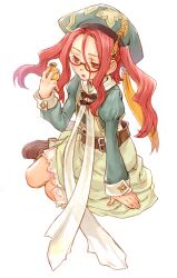  absurdres belt drop_(rune_factory) female glasses hat highres holding iwasaki_minako long_hair pocket_watch red_eyes red_hair rune_factory rune_factory_frontier simple_background solo twintails watch white_background 