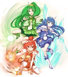  3girls aoki_reika bad_id bad_pixiv_id bike_shorts blue_eyes blue_hair blue_skirt boots choker cure_beauty cure_march cure_sunny green_choker green_eyes green_hair green_shorts green_skirt green_theme hair_bun hair_tubes head_wings hino_akane_(smile_precure!) kicking knee_boots long_hair magical_girl midorikawa_nao minatsuki_randoseru multiple_girls orange_eyes orange_hair orange_skirt ponytail precure shorts shorts_under_skirt sidelocks single_hair_bun skirt smile smile_precure squatting sword thighhighs tiara tri_tails very_long_hair weapon wings wrist_cuffs 