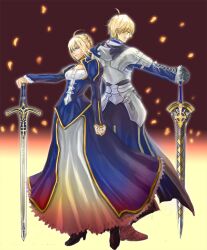  1boy ahoge armor arthur_pendragon_(fate) artoria_pendragon_(fate) ayamesin bad_id bad_pixiv_id blonde_hair caliburn_(fate) dress excalibur_(fate/prototype) excalibur_(fate/stay_night) fate/prototype fate/stay_night fate_(series) female genderswap_(ftm) green_eyes hair_ribbon hand_on_hilt hands_on_hilt photoshop_(medium) planted planted_sword ribbon rule_63 saber_(fate) sword weapon 