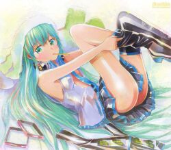  adjusting_clothes adjusting_legwear black_footwear black_thighhighs boots commentary_request female green_eyes green_hair hatsune_miku headphones headphones_around_neck legs long_hair mayo_riyo mouth_hold necktie open_clothes open_shirt plantar_flexion putting_on_boots putting_on_shoes shirt skirt solo spring_onion thigh_boots thighhighs very_long_hair vocaloid 