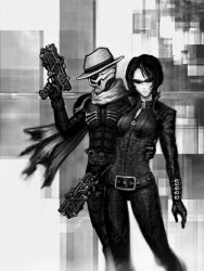  bodysuit commentary_request female greyscale gun hat kamen_rider kamen_rider_skull kamen_rider_w katou_yuu lost_driver monochrome photoshop_(medium) scarf shroud shroudmagnum skullmagnum weapon 