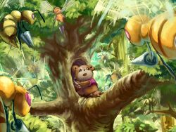  beedrill clothed_pokemon commentary_request cosplay forest geregere_(lantern) highres kirby_(series) nature no_humans outdoors parody pokemon pokemon_(creature) pooh pooh_(cosplay) scared teddiursa theft tree whispy_woods winnie_the_pooh 