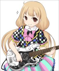  alternate_costume brown_eyes brown_hair female futaba_anzu guitar hello_kitty idolmaster idolmaster_cinderella_girls instrument lolicon long_hair qooya ribbon simple_background skirt smile solo twintails white_background 