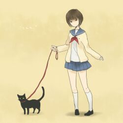  brown_hair catgirl0926 commentary_request feline female leash original school_uniform serafuku short_hair skirt 