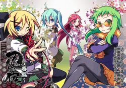  4girls ahoge aqua_eyes black_legwear blonde_hair blue_eyes commentary_request green_eyes green_hair gumi hair_ornament hair_ribbon hairclip hatsune_miku kagamine_rin long_hair looking_at_viewer multiple_girls negi_(ulog&#039;be) pantyhose pink_hair plaid ribbon sf-a2_miki short_hair skirt smile thighhighs twintails vocaloid zettai_ryouiki 