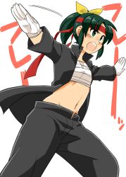  bad_id bad_pixiv_id blush female gakuran gloves green_eyes green_hair headband jacket koyama_shigeru midorikawa_nao midriff navel open_clothes open_jacket open_mouth ouendan outstretched_arms ponytail precure sarashi school_uniform short_hair smile_precure solo spread_arms white_gloves 