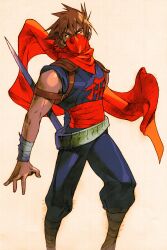  1boy belt brown_hair capcom highres male male_focus marvel marvel_vs._capcom marvel_vs._capcom_2 marvel_vs_capcom marvel_vs_capcom_2 mask official_art red_scarf scarf solo standing strider_hiryu strider_hiryuu sword weapon 