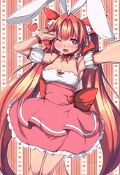  animal_ears blush bow commentary_request di_gi_charat dice female hairbow heart highres one_eye_closed open_mouth photoshop_(medium) rabbit_ears red_eyes red_hair ribbon saiste skirt solo twintails usada_hikaru wrist_ribbon 