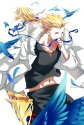  1boy artoria_pendragon_(fate) bird black_hair blonde_hair casual commentary_request ea_(fate/stay_night) earrings fate/zero fate_(series) female fur_trim gilgamesh_(fate) green_eyes hair_down hair_ribbon hair_up jacket jewelry long_hair lorein official_alternate_costume ribbon saber_(fate) wings 