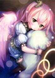  :t absurdres black_thighhighs female frilled_thighhighs frills green_eyes highres hugging_object lolicon long_hair original photoshop_(medium) pillow pillow_hug pink_hair scrunchie snow solo takoyaki_(roast) thighhighs two_side_up wings wrist_cuffs 