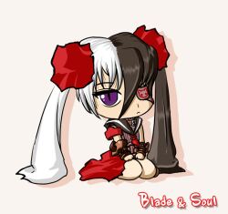  blade_&amp;_soul chibi dress eyepatch female female flat_chest gauntlets kneeling multicolored_hair po_hwa_ran pohwaran purple_eyes solo text twintails two-tone_hair 