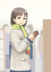  bag book brown_eyes brown_hair commentary_request female green_scarf jacket original pleated_skirt satchel scarf school_uniform skirt solo_focus taruya 