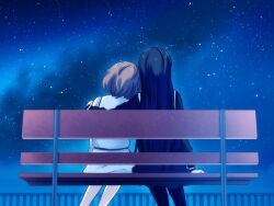  2girls ??????? ???????? bench black_hair character_request game_cg liar-soft long_hair multiple_girls night okujou_no_yurirei-san school_uniform sitting sky star stars yuri 