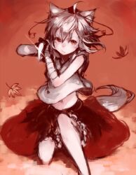  animal_ears bandages commentary_request female grey_hair hat hat_ribbon highres inubashiri_momiji junwool leaf maple_leaf midriff navel red_eyes ribbon shirt short_hair skirt sleeveless sleeveless_shirt solo sword tail tokin_hat touhou weapon wolf_ears wolf_tail 