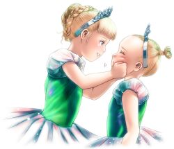  2girls ballerina bare_arms blonde_hair blue_eyes blunt_bangs braid braided_bun cheek_squash closed_eyes commentary_request dress face-to-face facing_another from_side hair_bun hair_pulled_back hands_on_another&#039;s_cheeks hands_on_another&#039;s_face lolicon looking_at_another multiple_girls original outstretched_arms parted_lips profile puffy_short_sleeves puffy_sleeves s_zenith_lee short_sleeves simple_background single_hair_bun smile tiara upper_body white_background 