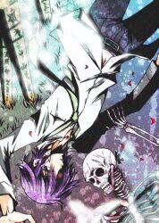  1boy bad_id bad_pixiv_id belt blue_hair bone grass koide_natsuno lying male_focus necktie petals purple_hair romuhara shiki_(novel) shirt skeleton skull solo white_shirt 