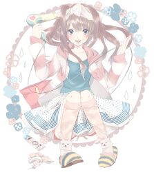  :d bad_id bad_pixiv_id blue_eyes brown_hair drying drying_hair female hair_dryer holding open_mouth original saki_hajime skirt slippers smile socks solo 