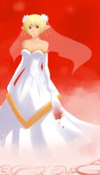  blonde_hair bob_cut bouquet breasts bridal_veil charmwitch cleavage dress earrings elbow_gloves female flower gloves jewelry medium_breasts phantom_kingdom red_eyes salome_(phantom_kingdom) short_hair solo strapless strapless_dress veil wedding_dress white_dress white_gloves 