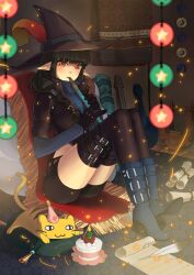  belt_boots black_hair black_thighhighs boots cake commentary_request elf feathers feline female flute food gloves guitar hat holding instrument lute_(instrument) lyre mabinogi peirasuo photoshop_(medium) pointy_ears red_eyes scroll sitting solo star_(symbol) thighhighs witch_hat yvona_(mabinogi) 