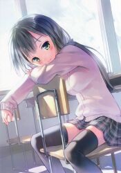  absurdres black_thighhighs blush cardigan chair classroom desk female green_eyes highres indoors long_hair looking_at_viewer original plaid plaid_skirt ponytail scan school school_uniform sitting sitting_backwards skirt smile solo takoyaki_(roast) thighhighs window zettai_ryouiki 