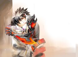  2boys arisu_(nine_avenue) armor bad_id bad_pixiv_id belt black_armor black_hair blade_master_(elsword) coat dual_persona dyed_bangs elsword gauntlets gloves kissing male_focus mechanical_arms multicolored_hair multiple_boys photoshop_(medium) raven_cronwell reckless_fist_(elsword) selfcest single_mechanical_arm spiked_hair streaked_hair two-tone_hair white_hair yaoi 