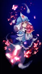  bug butterfly commentary_request female ghost hat highres hitodama japanese_clothes night photoshop_(medium) pink_eyes red_eyes saigyouji_yuyuko short_hair smile solo touhou triangular_headpiece umami_(sakeikura) 