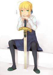  ahoge artoria_pendragon_(fate) bad_id bad_pixiv_id black_pantyhose blonde_hair bored excalibur_(fate/stay_night) fate/stay_night fate_(series) female green_eyes hair_ribbon hands_on_hilt high-waist_skirt jitome minatsuki_randoseru open_mouth pantyhose planted planted_sword ribbon saber_(fate) sitting skirt slippers solo sword translated weapon 