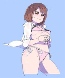  bad_id bad_pixiv_id bikini blush breasts brown_eyes brown_hair commentary_request covered_nipples enkyo_yuuichirou female idolmaster idolmaster_cinderella_girls medium_breasts mimura_kanako navel photoshop_(medium) side-tie_bikini_bottom smile solo sweat swimsuit underboob 