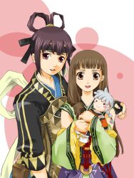  2girls armor bad_id bad_pixiv_id blush brown_eyes brown_hair character_doll doll dress earrings fingerless_gloves freyjadour_falenas gensou_suikoden gensou_suikoden_v gloves hair_ribbon hair_rings jewelry long_hair lymsleia_falenas miakis_(suikoden) multiple_girls purple_eyes purple_hair ribbon short_hair smile suzunashi_neko 