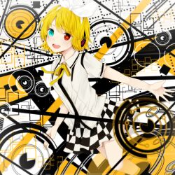  blonde_hair blue_eyes checkered_clothes checkered_skirt commentary_request female hair_ornament hair_ribbon hairclip headphones heterochromia kagamine_rin komine open_mouth red_eyes ribbon school_uniform short_hair skirt smile solo symbol-shaped_pupils tiger_rampage_(vocaloid) vocaloid 