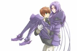  2boys armor berserker_(fate/zero) blush brown_hair carrying code_geass commentary_request crossover fate/zero fate_(series) green_eyes grenat kururugi_suzaku lancelot_(fate/zero) long_hair male_focus multiple_boys name_connection princess_carry purple_eyes purple_hair spoilers 