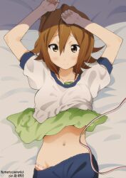  \o/ alternate_hairstyle arms_up artist_name bed_sheet blush breast_padding brown_eyes brown_hair commentary_request female hair_down k-on! lying midriff navel no_headwear on_back outstretched_arms panties pants photoshop_(medium) shirt short_hair smile solo striped_clothes striped_panties tainaka_ritsu tape_measure track_pants underwear yamasaki_wataru 