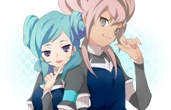  2girls armband bad_id bad_pixiv_id beta_(inazuma_eleven) blue_eyes blue_hair inazuma_eleven_(series) inazuma_eleven_go inazuma_eleven_go_chrono_stone long_hair minamino_(vk29710) multiple_girls open_mouth orca_(inazuma_eleven) protocol_omega purple_eyes smile 