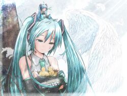  akino_coto aqua_eyes aqua_hair bare_shoulders bird chibi chibi_on_head chick closed_eyes commentary_request crossed_arms detached_sleeves egg feathers female hatching hatsune_miku headset highres holding leaf light_rays long_hair md5_mismatch necktie nest on_head resolution_mismatch sitting solo source_smaller spring_onion sunbeam sunlight twintails vocaloid wings 