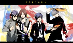  4boys black_hair blue_eyes blue_hair brown_eyes brown_hair commentary_request crossover frying_pan gekkoukan_high_school_uniform grey_eyes grey_hair highres ketchup lighter meguritei multiple_boys narukami_yuu necktie persona persona_1 persona_2 persona_2_tsumi persona_3 persona_4 photoshop_(medium) school_uniform seven_sisters_high_school_uniform st._hermelin_school_uniform suou_tatsuya toudou_naoya translated yasogami_school_uniform yuuki_makoto_(persona_3) 