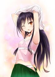  absurdres accel_world ameyoshi antenna_hair armpits arms_up black_hair blush brown_eyes camisole commentary_request female highres kuroyukihime long_hair one_eye_closed open_mouth panties pleated_skirt skirt solo underwear undressing 