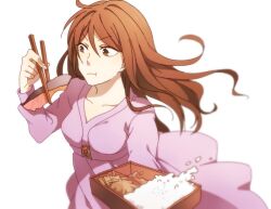  bento brown_eyes brown_hair chopsticks commentary_request dress eating female food long_hair mugino_shizuri simple_background toaru_kagaku_no_railgun toaru_kagaku_no_railgun_s toaru_majutsu_no_index zarutsu 