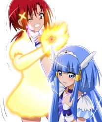  2girls aoki_reika arm_up asphyxiation blue_eyes blue_hair blue_skirt choker clenched_teeth commentary_request cure_beauty eyelashes glowing hair_tubes head_wings henshin hino_akane_(smile_precure!) long_hair magical_girl multiple_girls neck_lift precure red_eyes red_hair sidelocks skirt smile_precure strangling suzushiro_yukari teeth trembling wince wings wrist_cuffs 