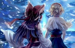  2girls alice_margatroid bad_id bad_pixiv_id bare_shoulders blonde_hair blue_dress bow brown_hair capelet cloud commentary_request detached_sleeves dress from_behind hair_tubes hairband hairbow hakurei_reimu horizon kaoru_(alicemakoto) light light_particles long_hair long_sleeves multiple_girls sash short_hair short_sleeves skirt sky touhou vest water 