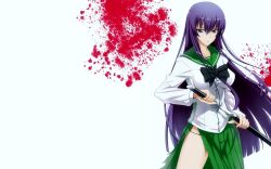  1920x1200 blood blue_eyes busujima_saeko highres highschool_of_the_dead katana long_hair purple_hair school_uniform sword thighhighs wallpaper weapon 