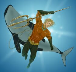  1boy animal animification aquaman_(dc) aquaman_(series) blonde_hair commentary_request dc_comics facial_hair gb_(doubleleaf) male_focus orca photoshop_(medium) polearm solo spandex stubble superhero_costume trident underwater weapon 