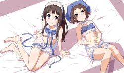  2girls arm_support bad_id bad_pixiv_id bandeau barefoot blush brown_hair chitanda_eru crop_top girock headdress hyouka ibara_mayaka legs long_hair long_legs looking_at_viewer lying madoromi_no_yakusoku multiple_girls navel necktie on_back red_eyes ribbon short_hair sitting smile 