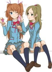  2girls :o aria_gakuen_school_uniform bad_id bad_pixiv_id blue_eyes blue_shirt blush bow brown_hair cake cupcake duplicate eating food food_on_face green_eyes half_updo handkerchief houjou_hibiki kneehighs loafers long_hair minamino_kanade minatsuki_randoseru multiple_girls one_eye_closed open_mouth orange_hair pink_bow precure school_uniform shirt shoes simple_background sitting skirt socks suite_precure two_side_up wavy_mouth white_background wince wiping 