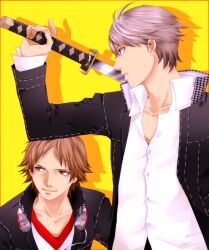  2boys brown_eyes brown_hair chiru_(sanifani) commentary_request grey_eyes grey_hair hanamura_yousuke headphones headphones_around_neck houndstooth katana multiple_boys narukami_yuu persona persona_4 school_uniform short_hair sword weapon 