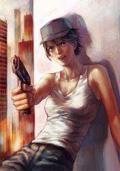  bad_id bad_pixiv_id black_hair brown_eyes female gun hat original photoshop_(medium) pukun short_hair solo tank_top weapon 