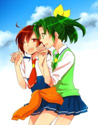  2girls ;d clothes_around_waist cloud commentary_request green_eyes green_hair green_necktie green_sweater_vest high_ponytail hino_akane_(smile_precure!) midorikawa_nao multiple_girls nanairogaoka_middle_school_uniform necktie one_eye_closed open_mouth ponytail precure red_eyes red_hair school_uniform short_hair sky sleeves_rolled_up smile smile_precure sweater sweater_around_waist sweater_vest yuzucky 