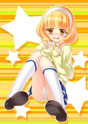  blonde_hair blush commentary_request double_v female hairband highres nakada_rumi nanairogaoka_middle_school_uniform open_mouth panties pantyshot precure school_uniform short_hair sitting skirt smile_precure solo underwear upskirt v white_hairband white_panties yayoi_kise yellow_eyes 