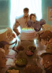  4girls 6+boys abel_(street_fighter) antenna_hair bandaid beard beret birdie_(street_fighter) birthday_cake birthday_party blanka blanket blonde_hair blue_eyes brown_eyes brown_hair cake cammy_white candle capcom chinese_clothes chun-li colored_skin commentary_request dinner dougi earrings facial_hair food fruit green_skin guile hair_bun hairband hat headband highres jaimito jewelry kasugano_sakura ken_masters long_hair looking_at_viewer mohawk multiple_boys multiple_girls rose_(street_fighter) ryu_(street_fighter) salad scar short_hair single_hair_bun smile strawberry street_fighter watermark zangief 