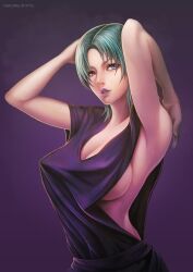  aqua_hair armpits arms_up bad_id bad_pixiv_id blue_eyes breasts cleavage female four_murasame gundam large_breasts lips lipstick makeup photoshop_(medium) purple_background short_hair sideboob solo vasily_(run211) zeta_gundam 