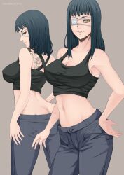  ass bad_id bad_pixiv_id bare_shoulders blue_hair breasts brown_background butt_crack cleavage cross eyepatch female hand_on_own_hip jormungand_(manga) large_breasts long_hair looking_at_viewer looking_back navel photoshop_(medium) simple_background smile sofia_valmer tank_top tattoo vasily_(run211) yellow_eyes 